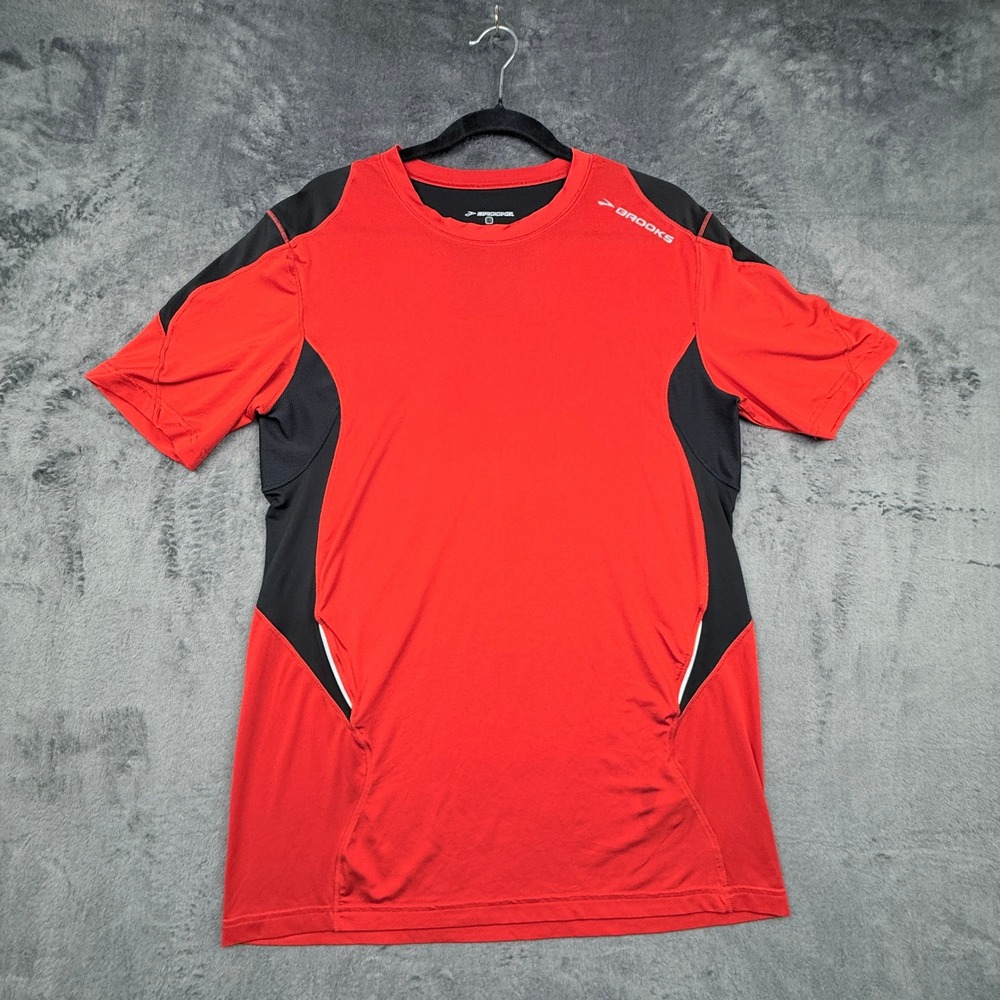 Brooks Running Shirt Mens Large Red Black Equilibrium Tech Short Sleeve Exc